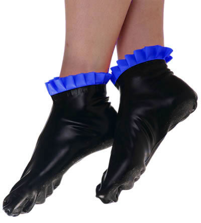 Schwarze Latex Socken mit blauen Rüschen